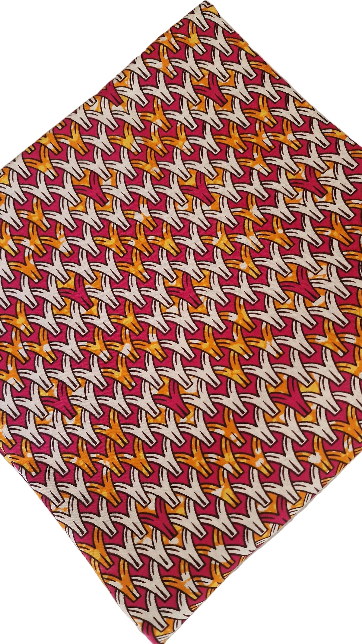 Repeat geometric pattern of stylized birds in white, yellow, and orange on a deep red background.