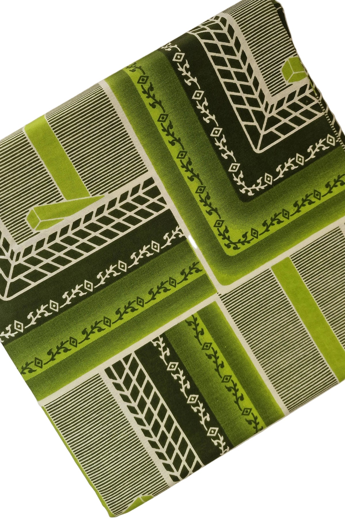 African Wax print featuring a retro geometric pattern in shades of green, olive, and white. The pattern consists of nested rectangular frames with striped and textured details