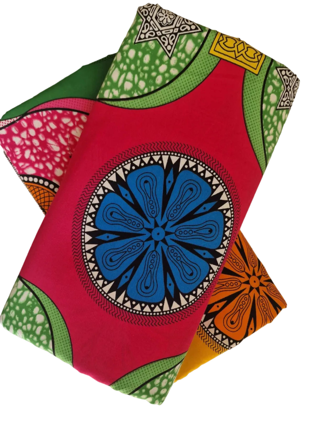 Vibrant African wax print fabric featuring a bold geometric pattern with large red, green, and blue circular shapes and intricate black and yellow details.