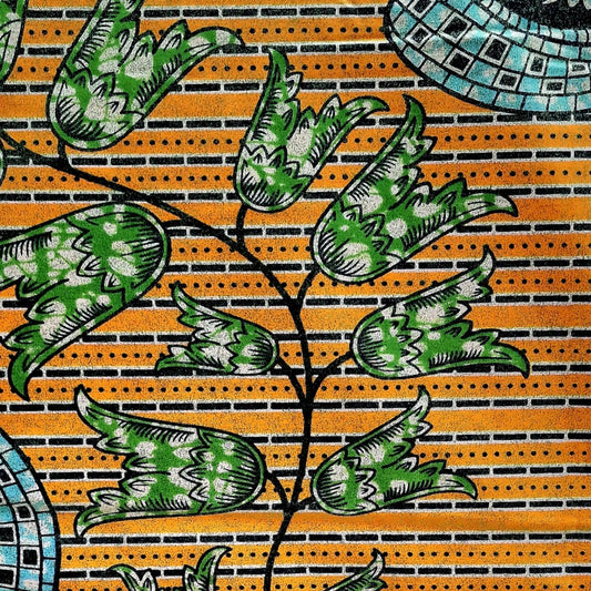 A close-up of a embellished duchess print featuring green and white patterned tulip flowers on a yellow-orange striped background with black stems.
