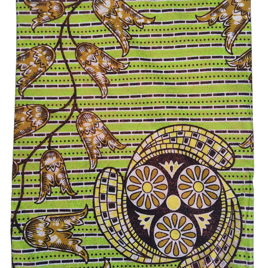 Duchess Embellished fabric featuring a vibrant green and yellow striped background with brown tulip motifs and a large circular floral medallion in yellow, brown, and black.