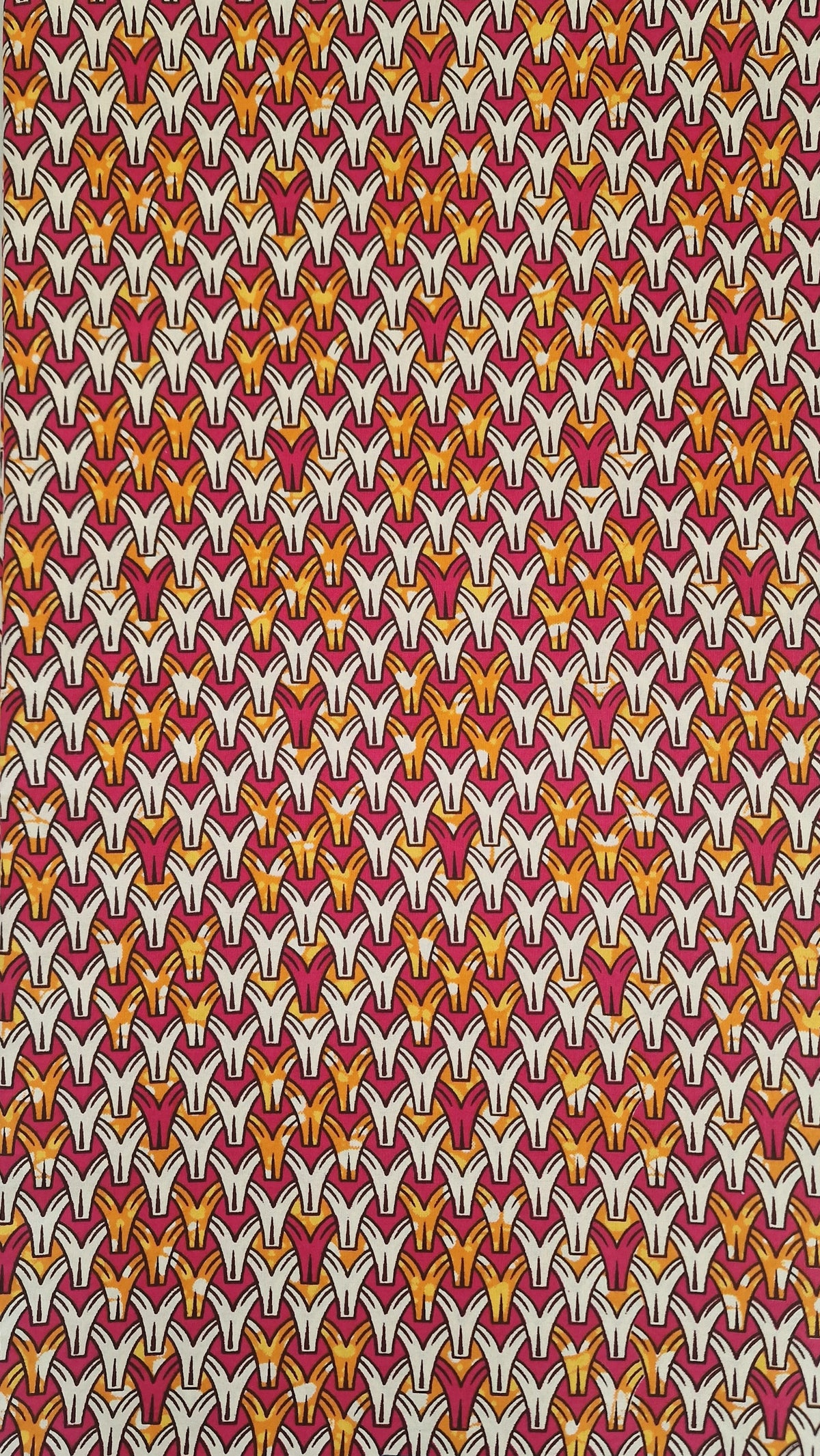 Repeat geometric pattern of stylized birds in white, yellow, and orange on a deep red background. 