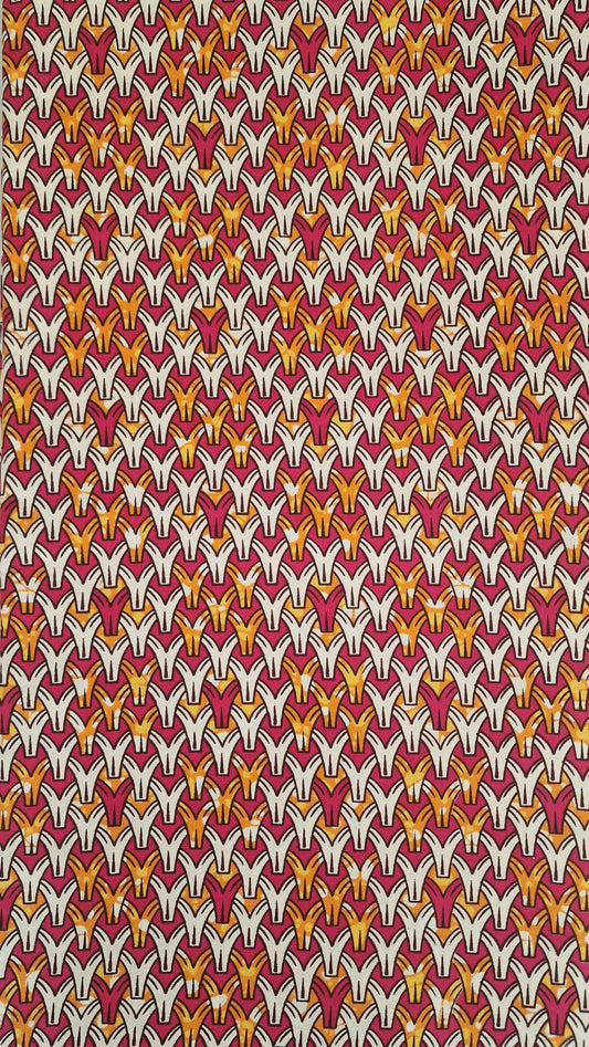 Repeat geometric pattern of stylized birds in white, yellow, and orange on a deep red background. 