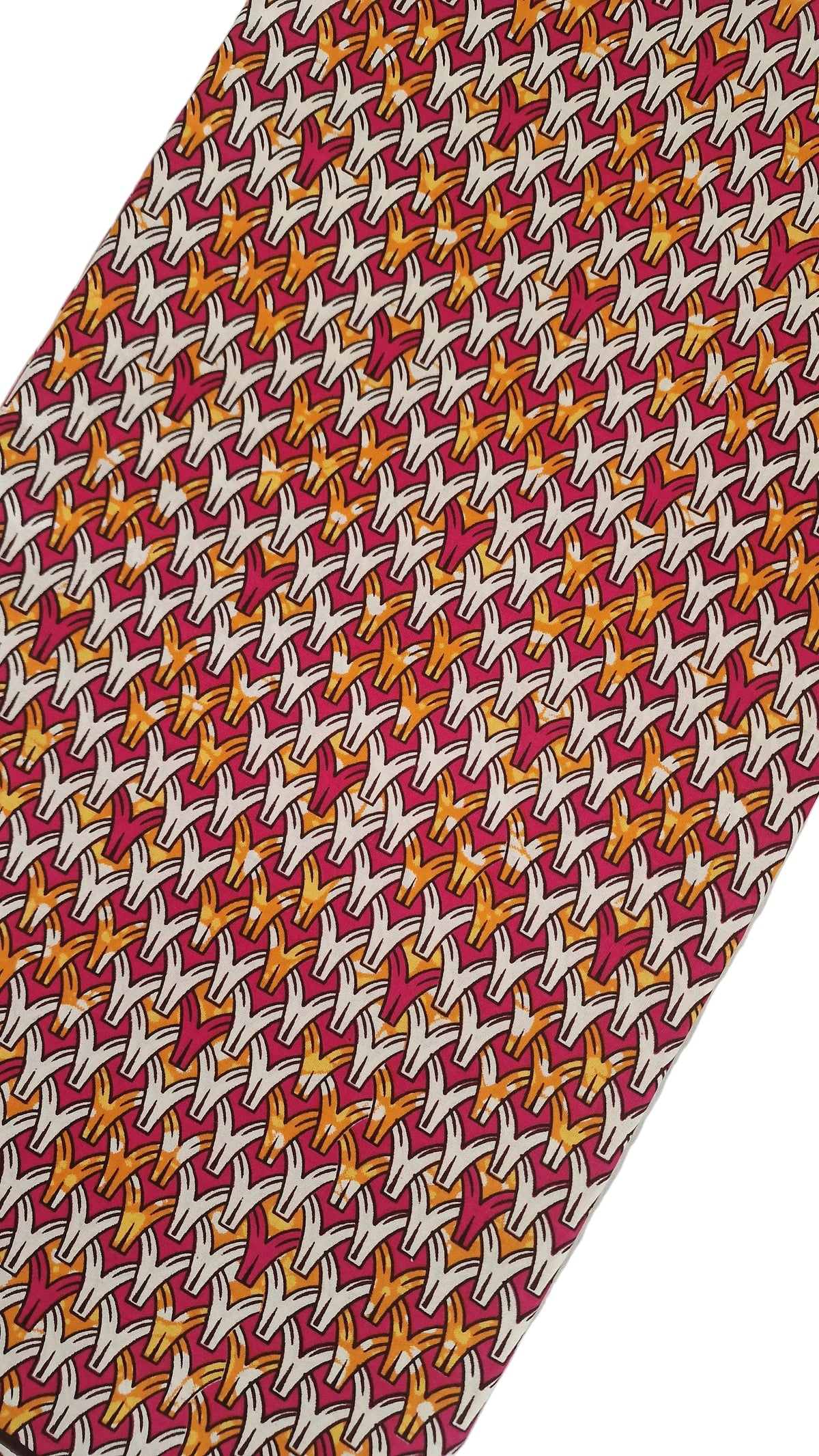 Repeat geometric pattern of stylized birds in white, yellow, and orange on a deep red background. 