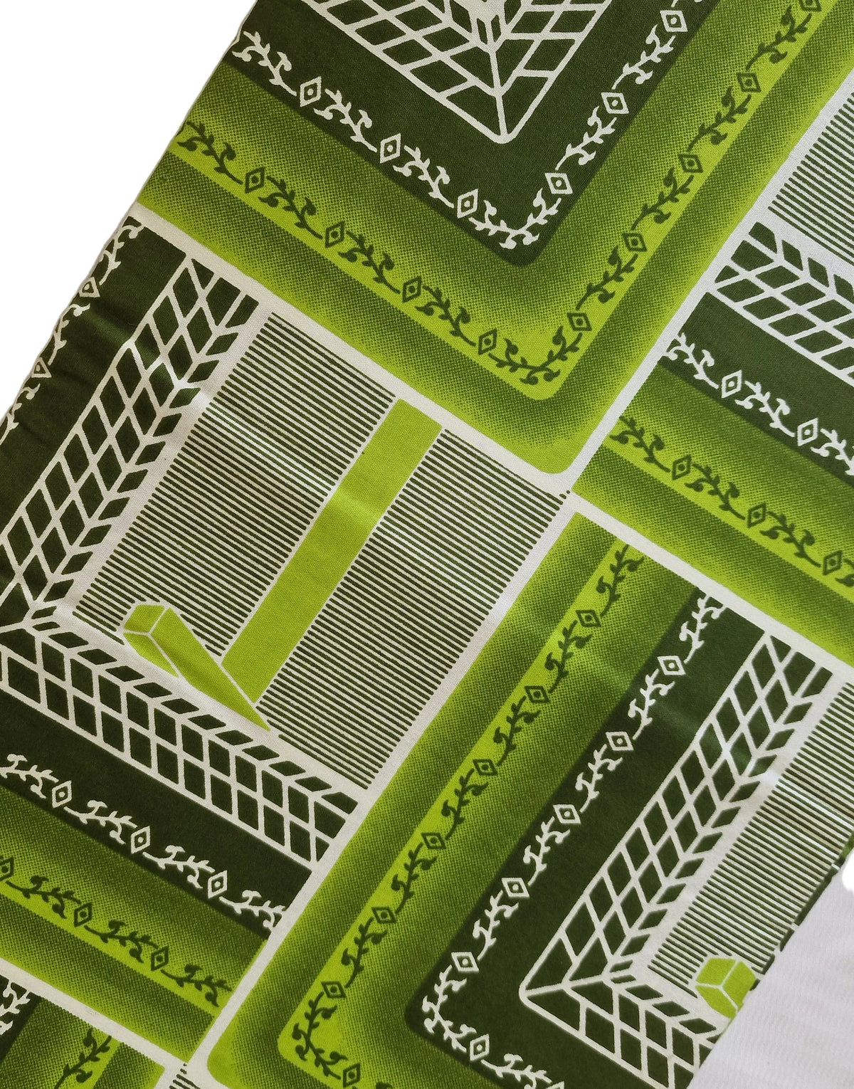 African Wax print featuring a retro geometric pattern in shades of green, olive, and white. The pattern consists of nested rectangular frames with striped and textured details