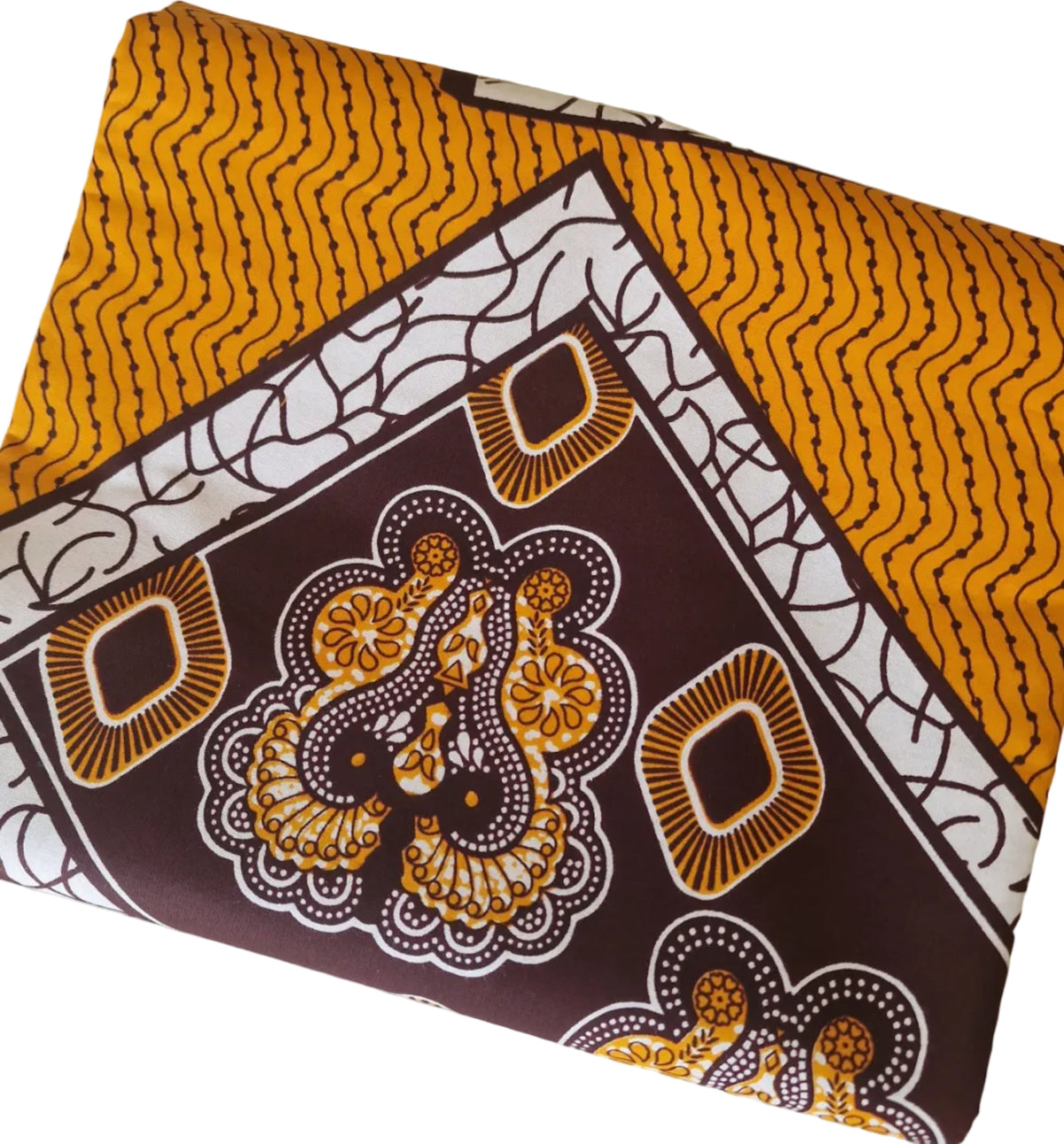 Patterned Ankara print featuring bold geometric and ornamental motifs in mustard yellow, white and dark brown