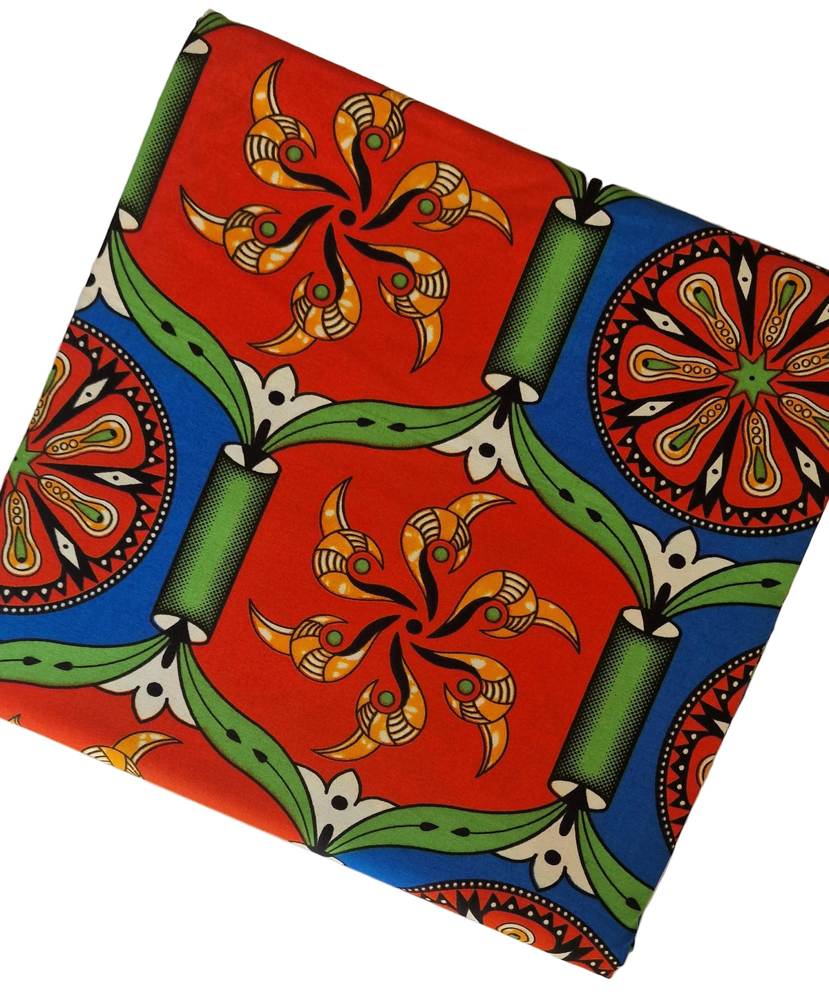 Traditional kola patterned African wax print fabric featuring vibrant red, blue, green, and yellow geometric designs and floral motifs.