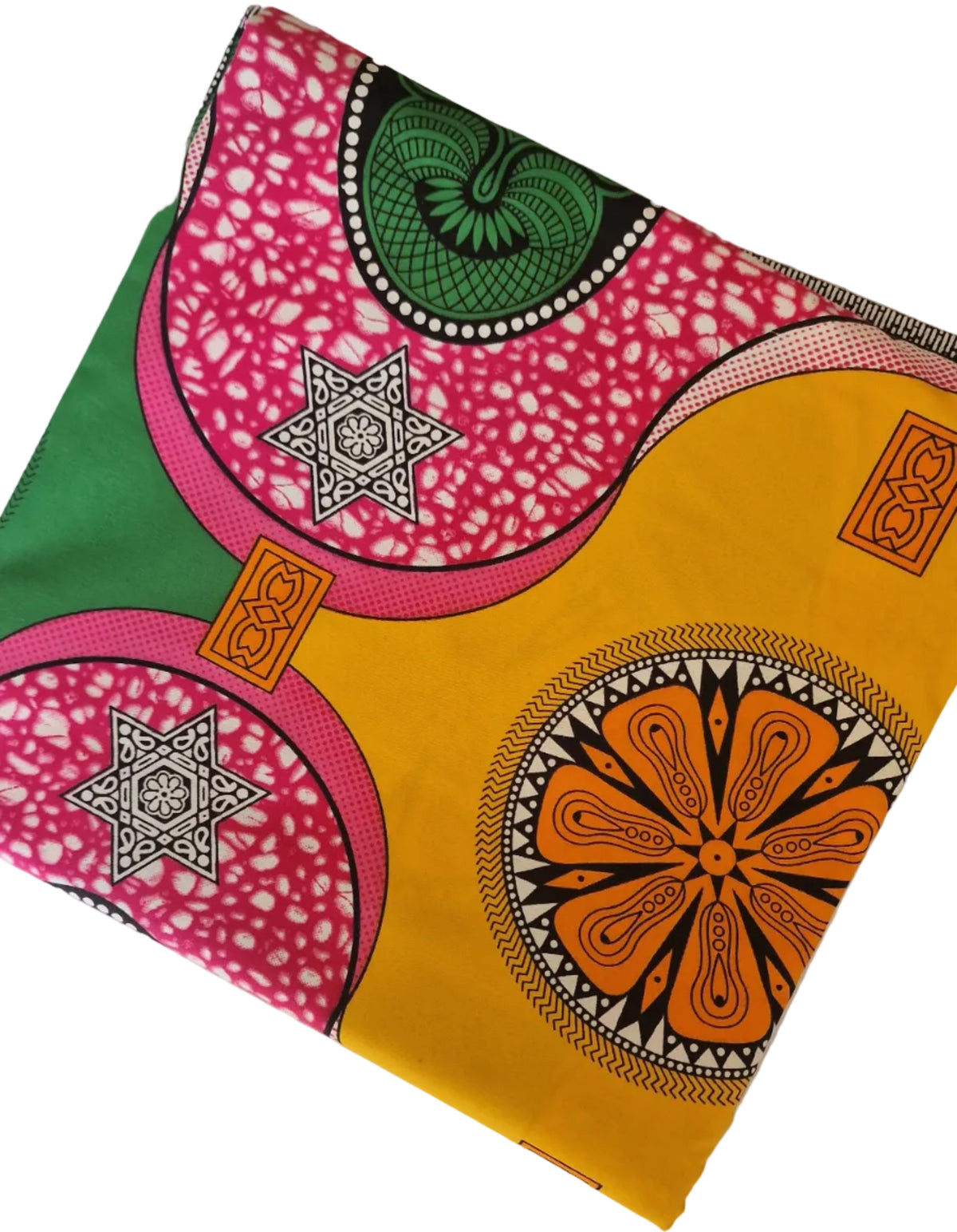 Bold African wax print pattern, featuring large overlapping circles and floral motifs in pink, yellow, green, orange, and black. 