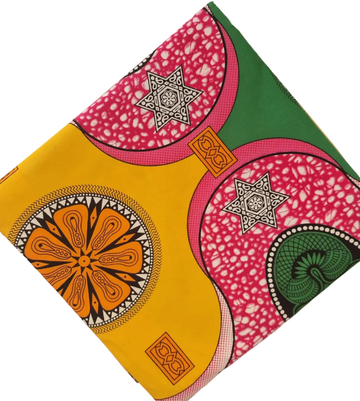Bold African wax print pattern, featuring large overlapping circles and floral motifs in pink, yellow, green, orange, and black. 