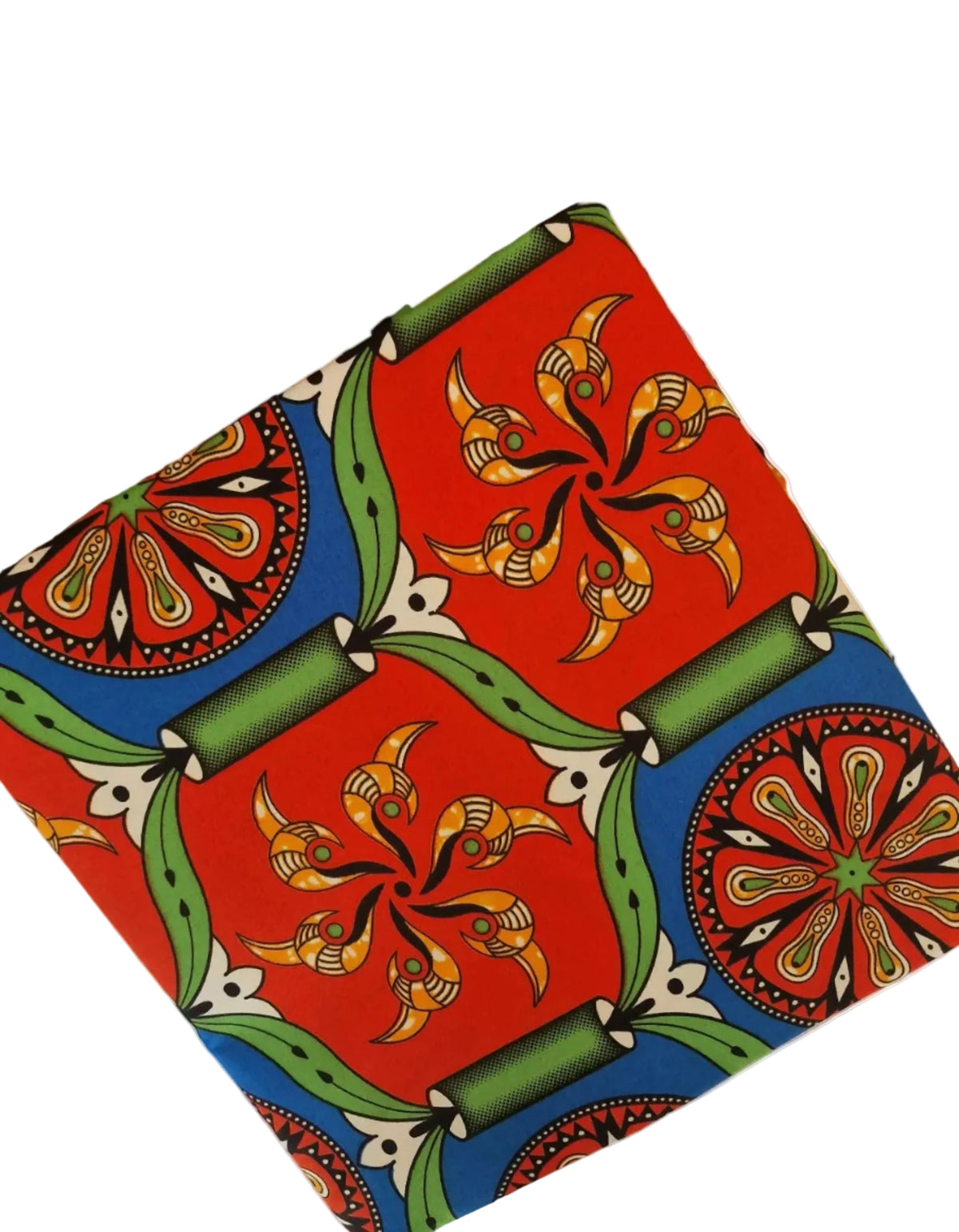 Traditional kola patterned African wax print fabric featuring vibrant red, blue, green, and yellow geometric designs and floral motifs.
