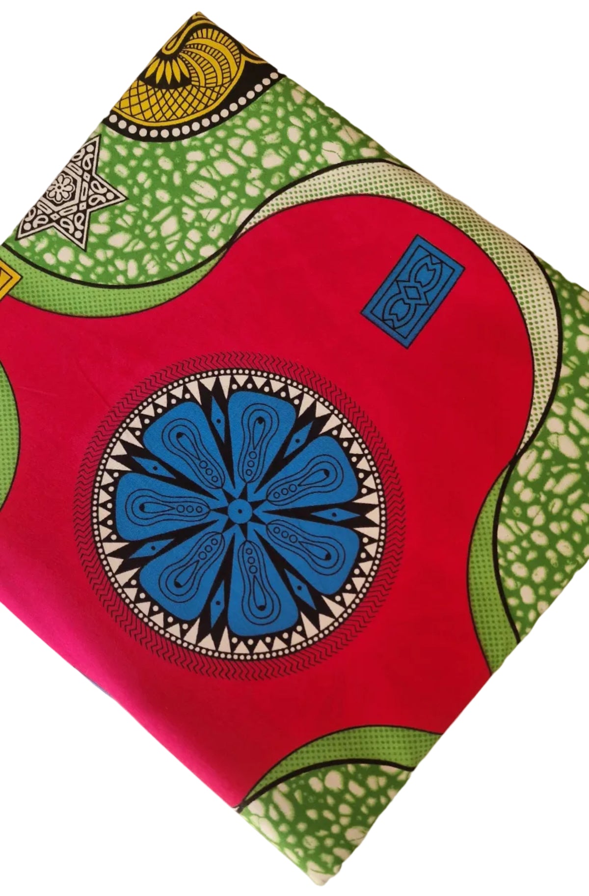Vibrant African wax print fabric featuring a bold geometric pattern with large red, green, and blue circular shapes and intricate black and yellow details.