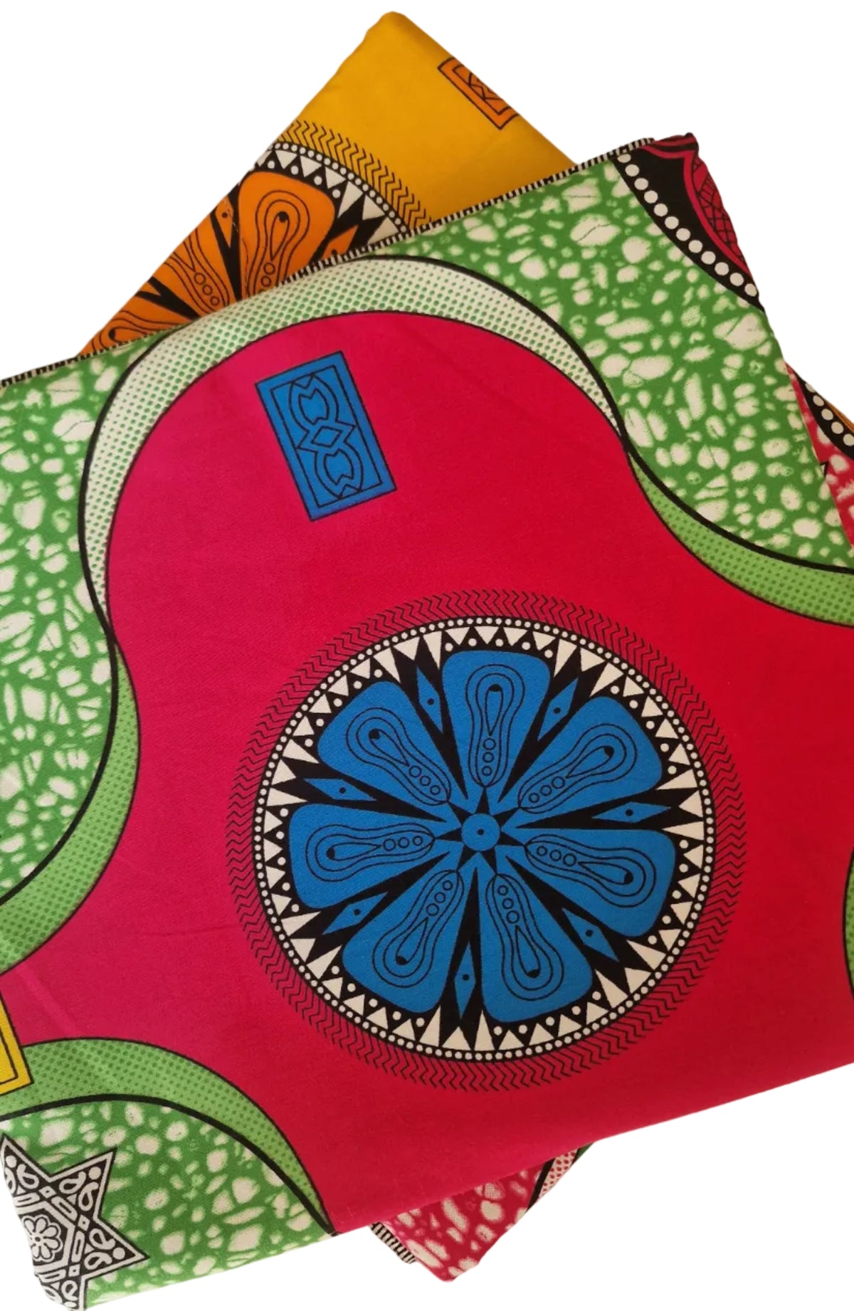 Vibrant African wax print fabric featuring a bold geometric pattern with large red, green, and blue circular shapes and intricate black and yellow details.