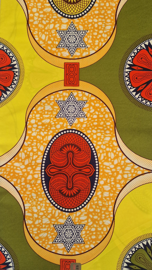 Mix bold geometric and tribal-inspired motifs in yellow, olive green, red, black, and white. 