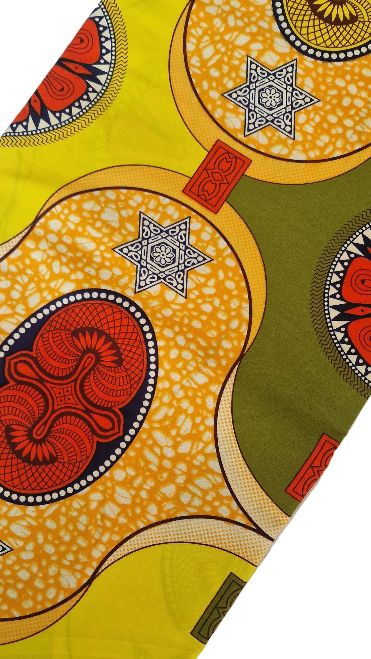 Mixed bold geometric and tribal-inspired motifs in yellow, olive green, red, black, and white. 