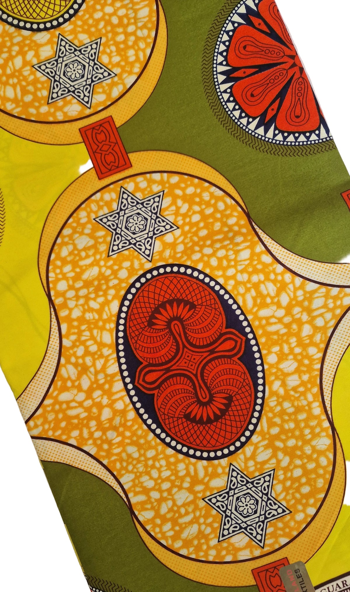 Mixed bold geometric and tribal-inspired motifs in yellow, olive green, red, black, and white. 