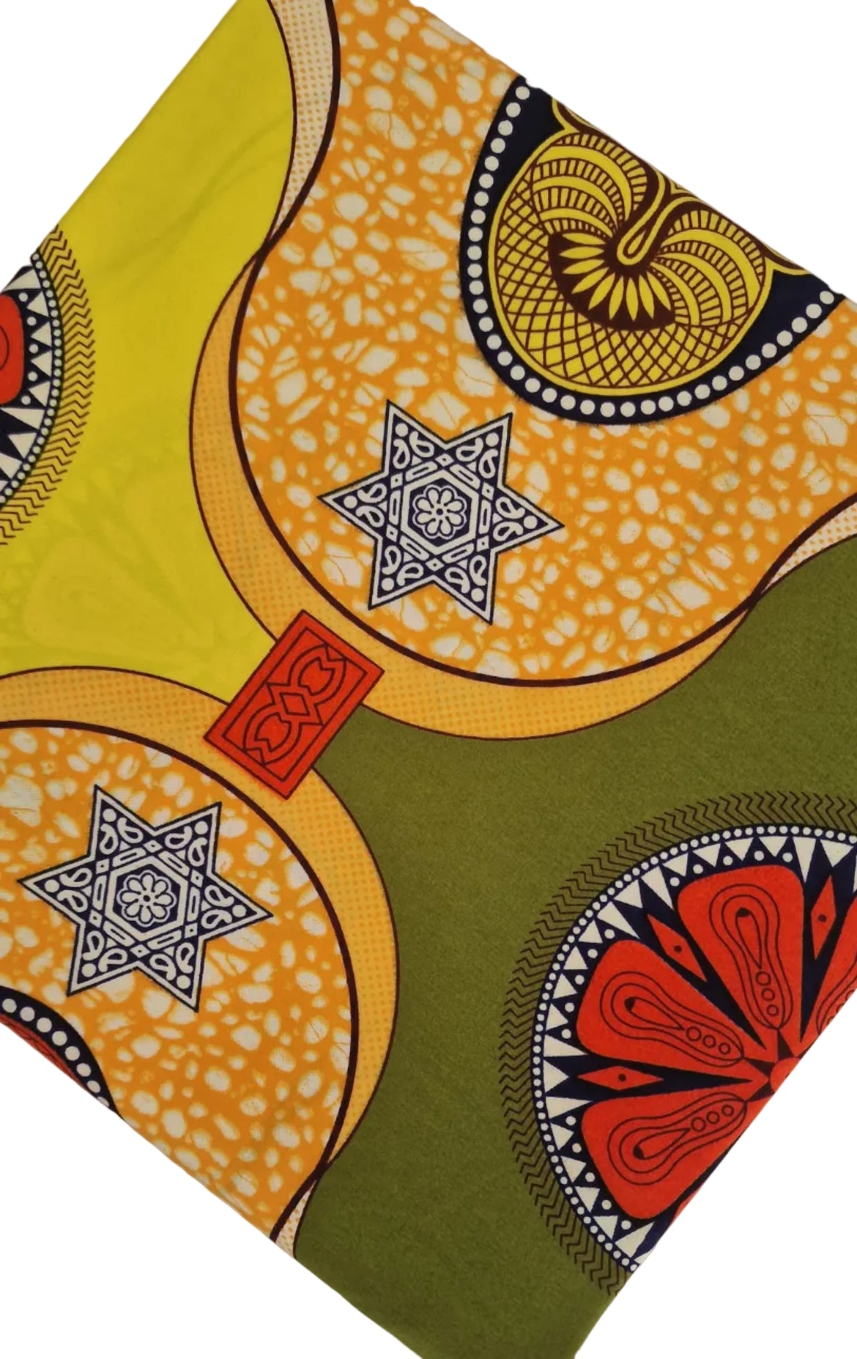 Mixed bold geometric and tribal-inspired motifs in yellow, olive green, red, black, and white. 