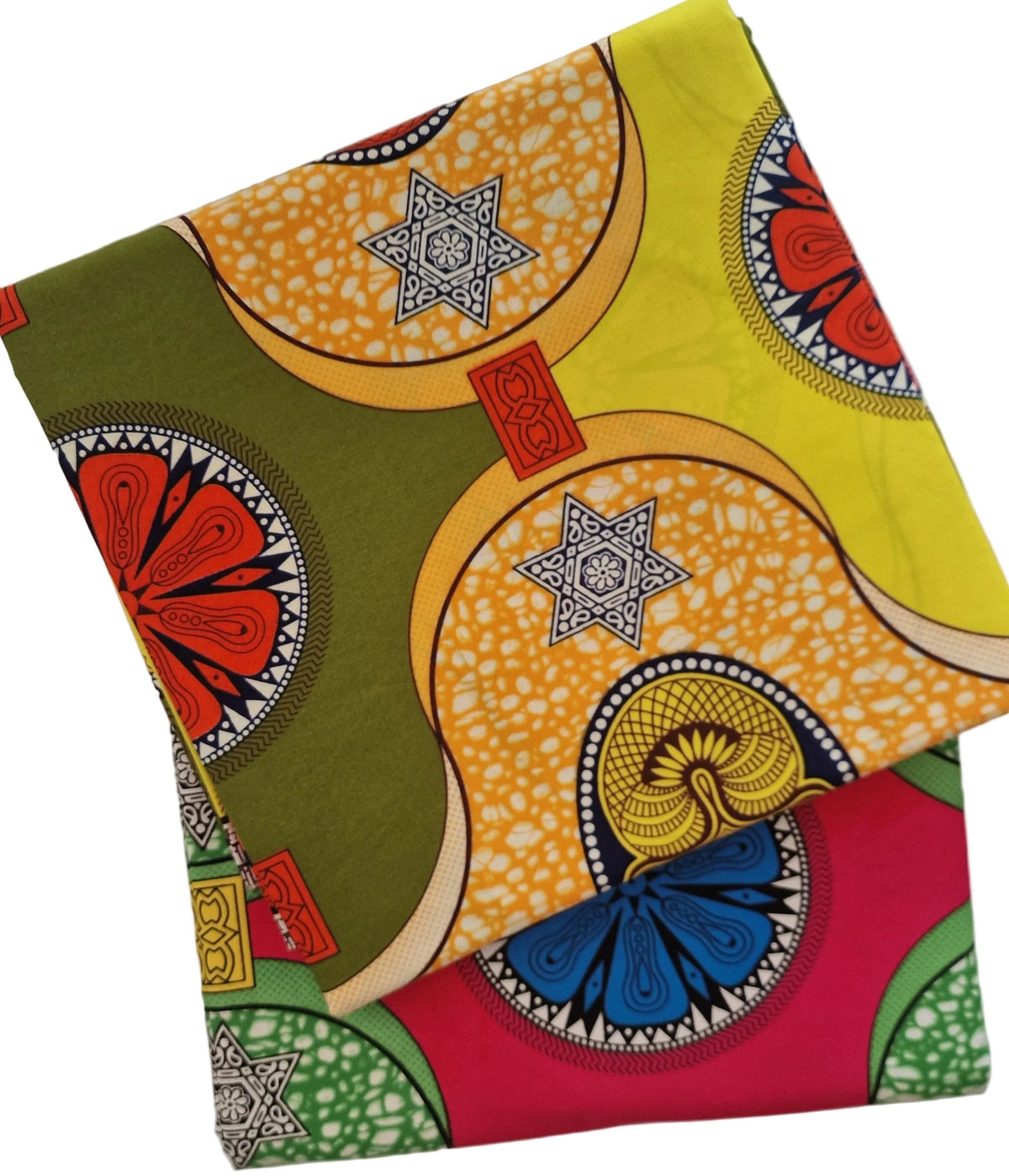 Mixed bold geometric and tribal-inspired motifs in yellow, olive green, red, black, and white. 