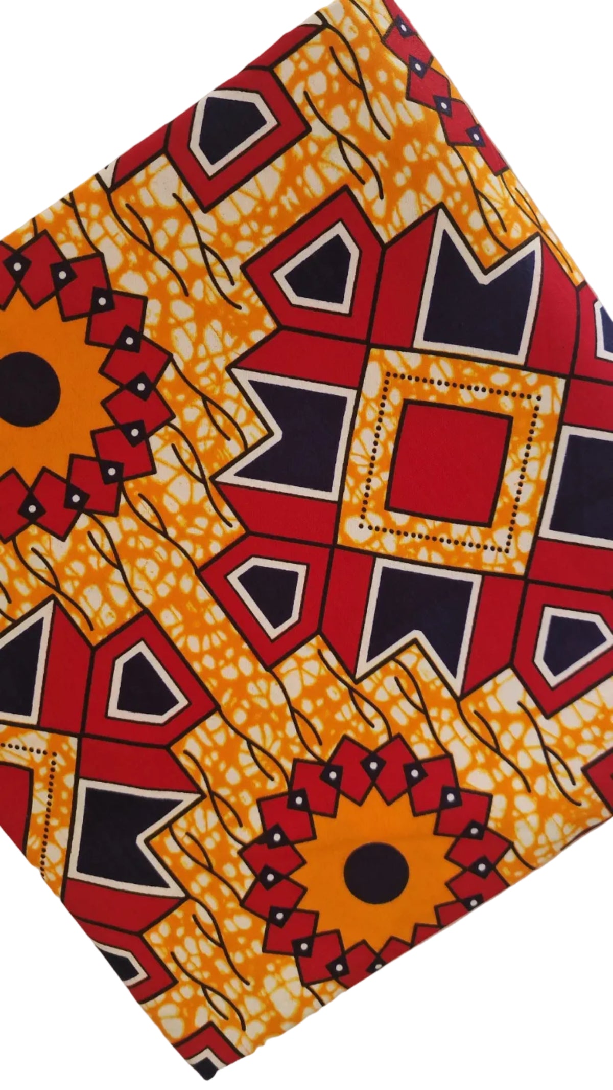 African wax fabric featuring a bold geometric and floral-inspired print in orange, red, navy, black, and white.