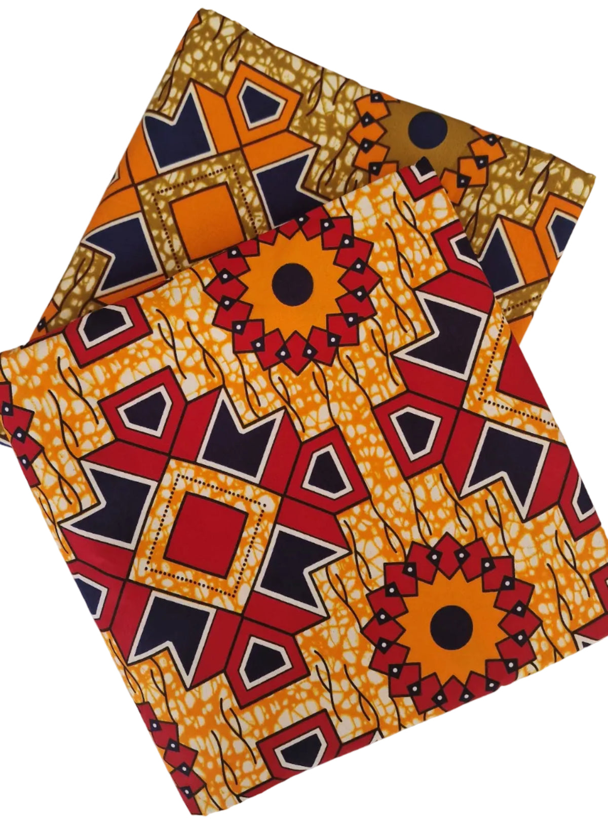 African wax fabric featuring a bold geometric and floral-inspired print in orange, red, navy, black, and white.