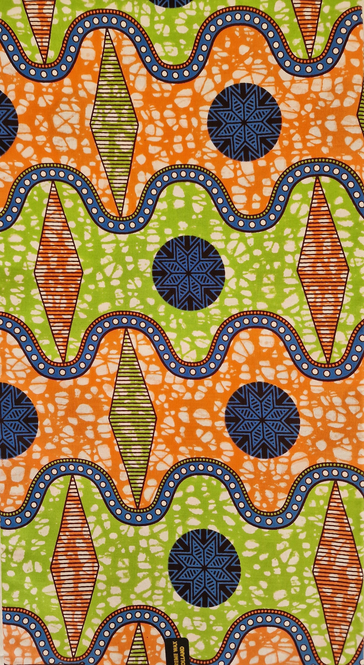 Bold geometric design patterns featuring wavy horizontal bands in orange and lime green, decorated with blue circular medallions, striped diamonds, and dotted lines.
