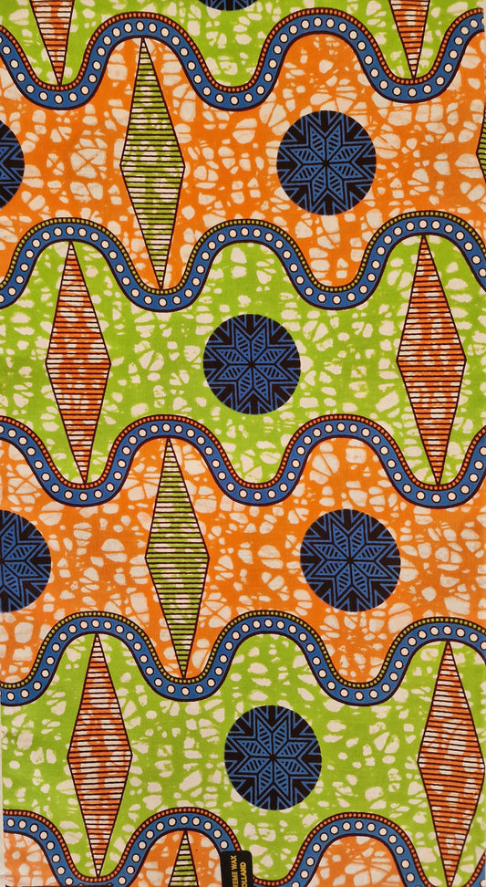 Bold geometric design patterns featuring wavy horizontal bands in orange and lime green, decorated with blue circular medallions, striped diamonds, and dotted lines.